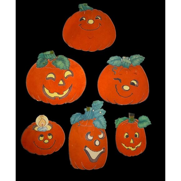 Vtg Felted Pumpkins Orange Fuzzy Double-Sided Halloween Cardboard Decorations Se - Picture 1 of 6